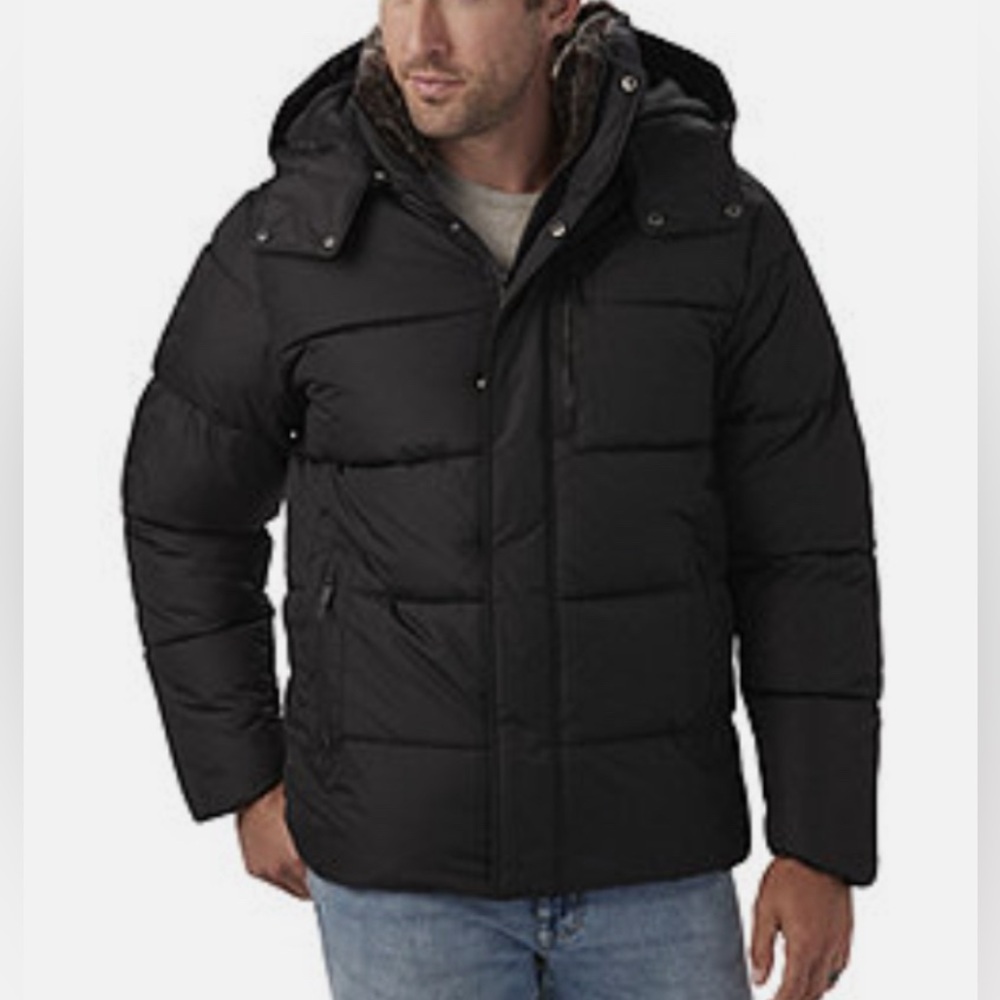 #x846 - Steve Madden Hooded Quilted Puffer Coat Black with Faux Fur Accents